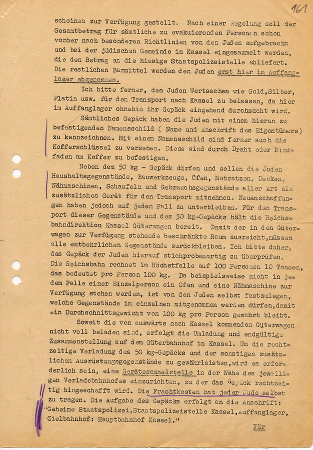 Geheimes Protokoll der GeStaPo Kassel an Teilnehmer der Besprechung vom 18.11.1941.  Agenda zur Durchführung der Deportation am 8. Dezember 1941, 27. November 1941