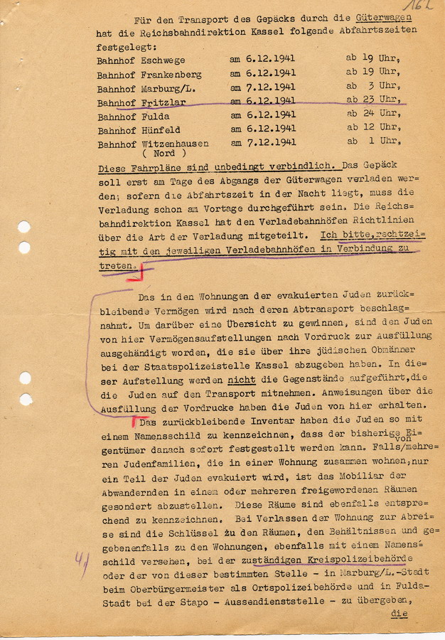 Geheimes Protokoll der GeStaPo Kassel an Teilnehmer der Besprechung vom 18.11.1941.  Agenda zur Durchführung der Deportation am 8. Dezember 1941, 27. November 1941