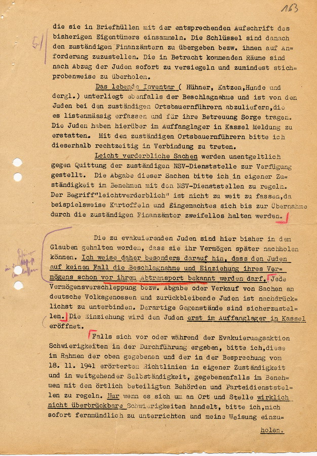 Geheimes Protokoll der GeStaPo Kassel an Teilnehmer der Besprechung vom 18.11.1941.  Agenda zur Durchführung der Deportation am 8. Dezember 1941, 27. November 1941