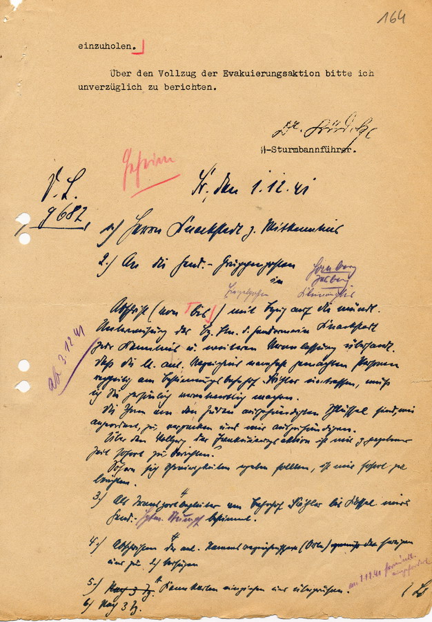 Geheimes Protokoll der GeStaPo Kassel an Teilnehmer der Besprechung vom 18.11.1941.  Agenda zur Durchführung der Deportation am 8. Dezember 1941, 27. November 1941