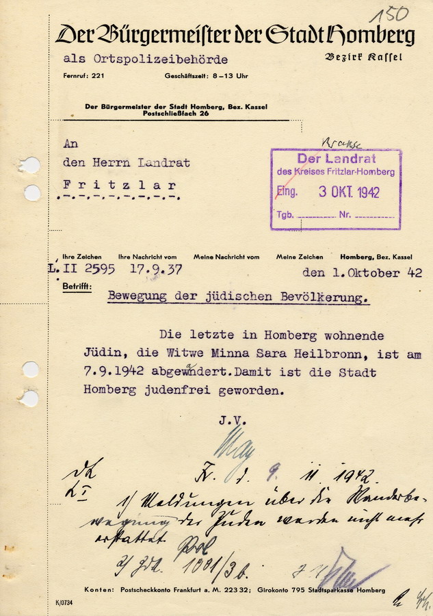 Schreiben des Bürgermeisters in Homberg an den Landrat in Fritzlar. Er meldet die Stadt als "judenfrei", 1. Oktober 1942