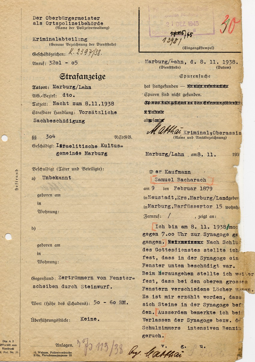 Strafanzeige des Marburger Kaufmanns Samuel Bacharach betreffend eine vorsätzliche Sachbeschädigung an der Marburger Synagoge, Marburg, 08. November 1938
