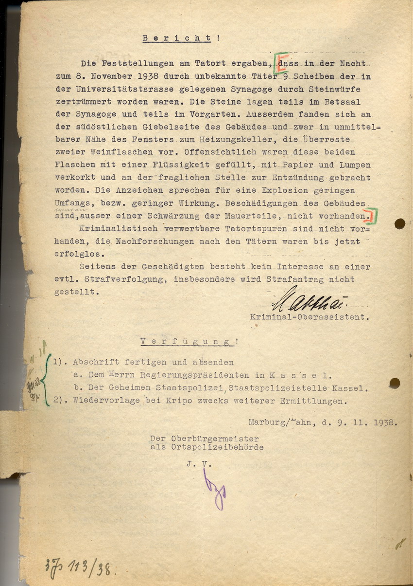Strafanzeige des Marburger Kaufmanns Samuel Bacharach betreffend eine vorsätzliche Sachbeschädigung an der Marburger Synagoge, Marburg, 08. November 1938