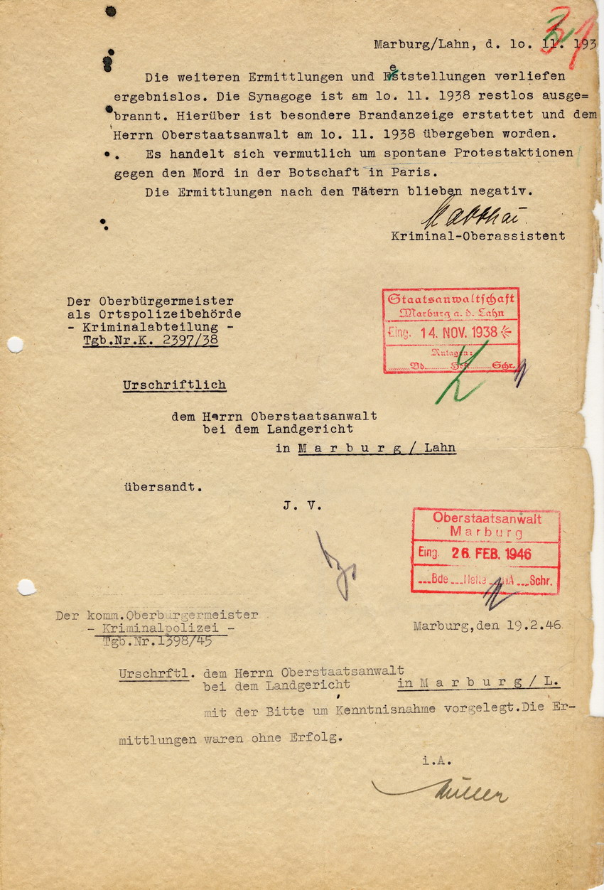 Strafanzeige des Marburger Kaufmanns Samuel Bacharach betreffend eine vorsätzliche Sachbeschädigung an der Marburger Synagoge, Marburg, 08. November 1938