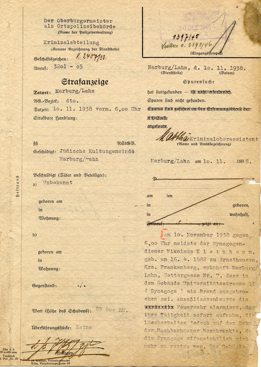 Strafanzeige gegen einen unbekannten Brandstifter anlässlich des Synagogenbrandes, Marburg, 10. November 1938