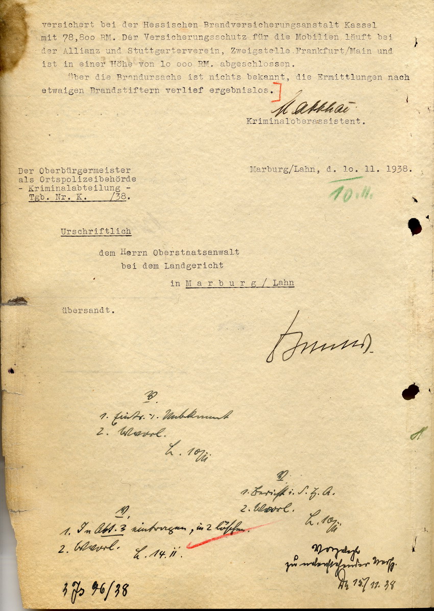 Strafanzeige gegen einen unbekannten Brandstifter anlässlich des Synagogenbrandes, Marburg, 10. November 1938