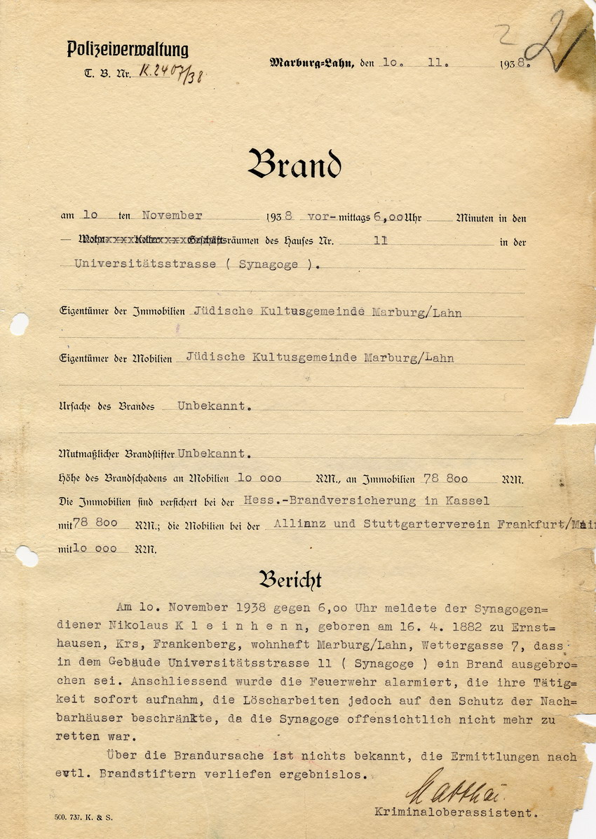 Strafanzeige gegen einen unbekannten Brandstifter anlässlich des Synagogenbrandes, Marburg, 10. November 1938