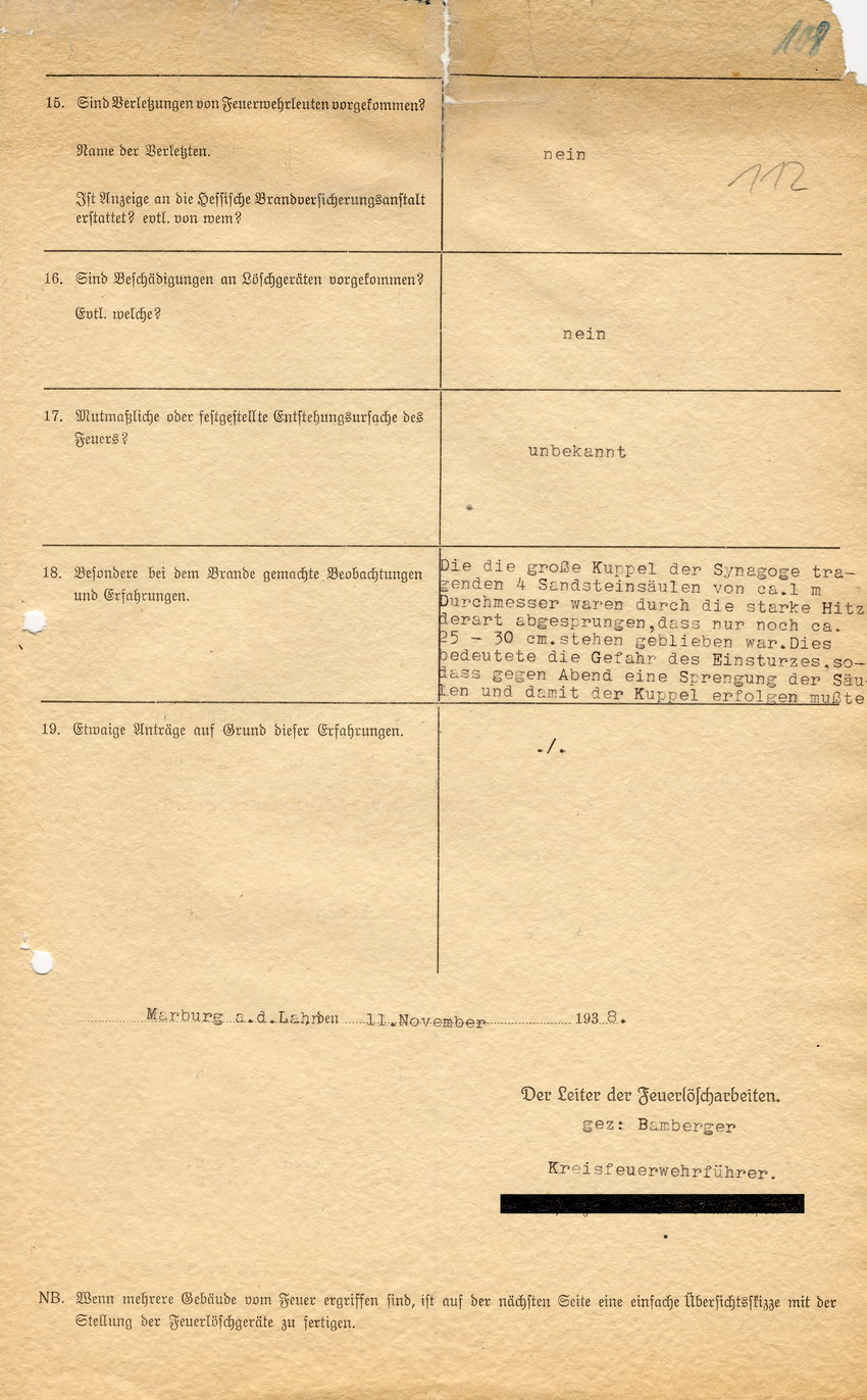 Kreisfeuerwehrführer Bamberger, Marburg, mit dem Bericht über den am 10. November 1938 in der Marburger Synagoge ausgebrochenen Brand. Marburg, 11. November 1938