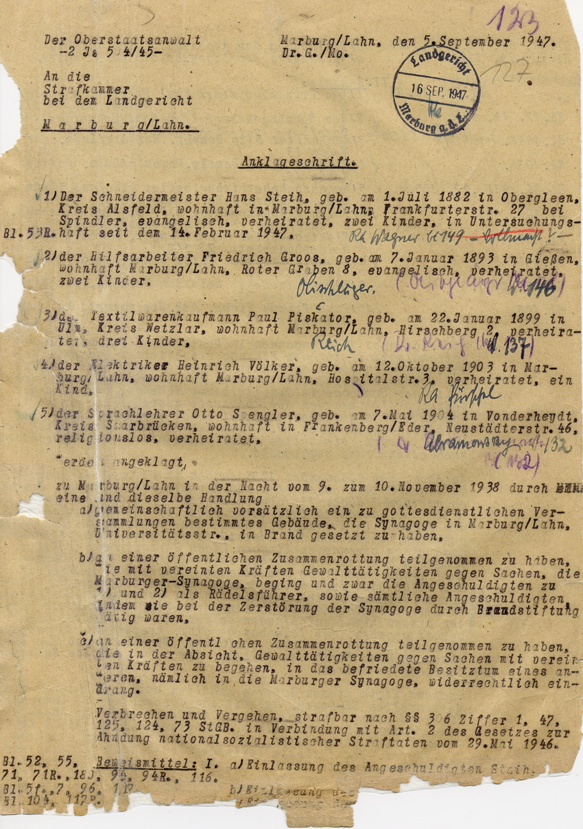 Oberstaatsanwaltschaft Marburg an die Strafkammer bei dem Landgericht. Anklageschrift gegen Hans Steih u.a. wegen Brandstiftung. Marburg, 5. September 1947