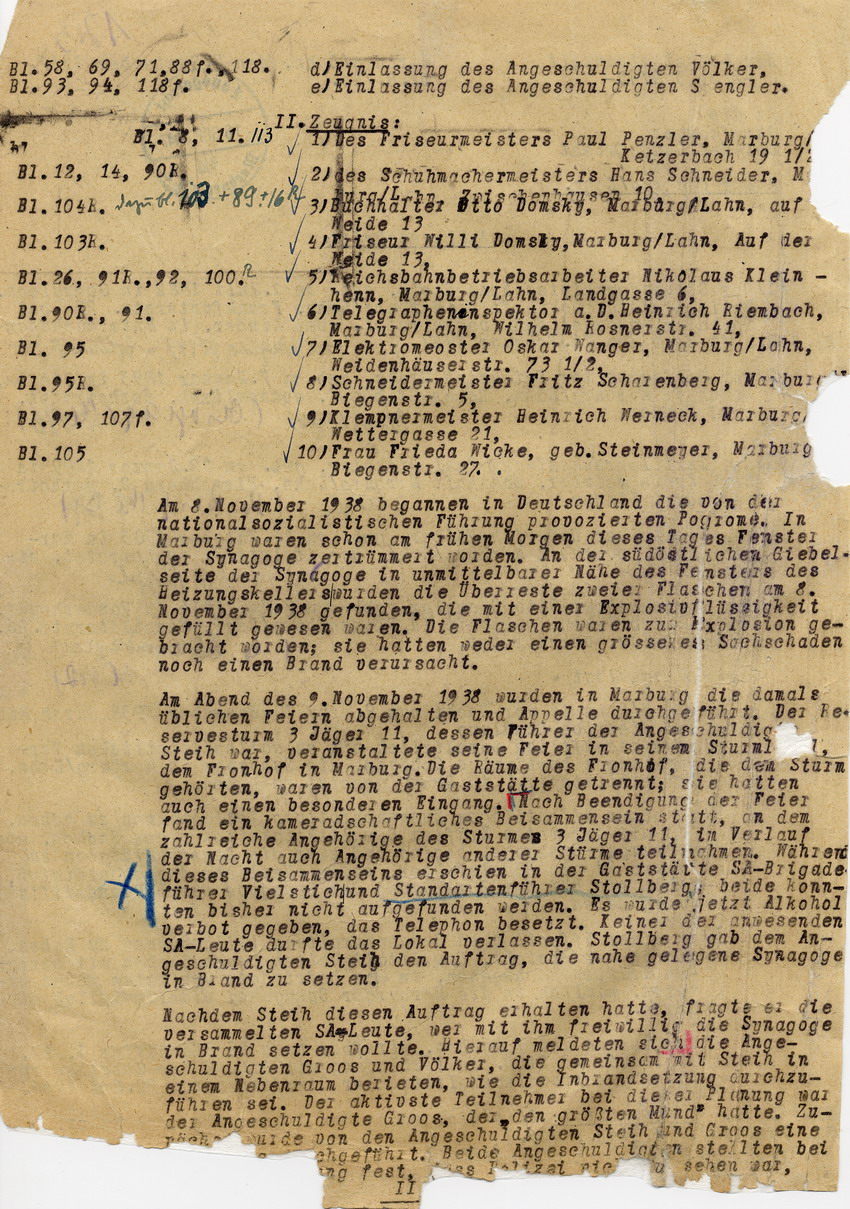 Oberstaatsanwaltschaft Marburg an die Strafkammer bei dem Landgericht. Anklageschrift gegen Hans Steih u.a. wegen Brandstiftung. Marburg, 5. September 1947