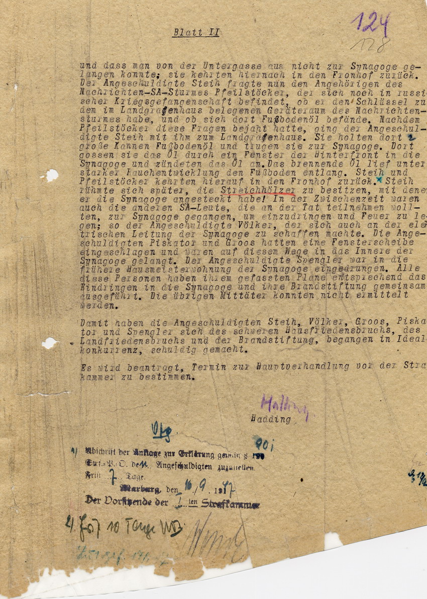 Oberstaatsanwaltschaft Marburg an die Strafkammer bei dem Landgericht. Anklageschrift gegen Hans Steih u.a. wegen Brandstiftung. Marburg, 5. September 1947