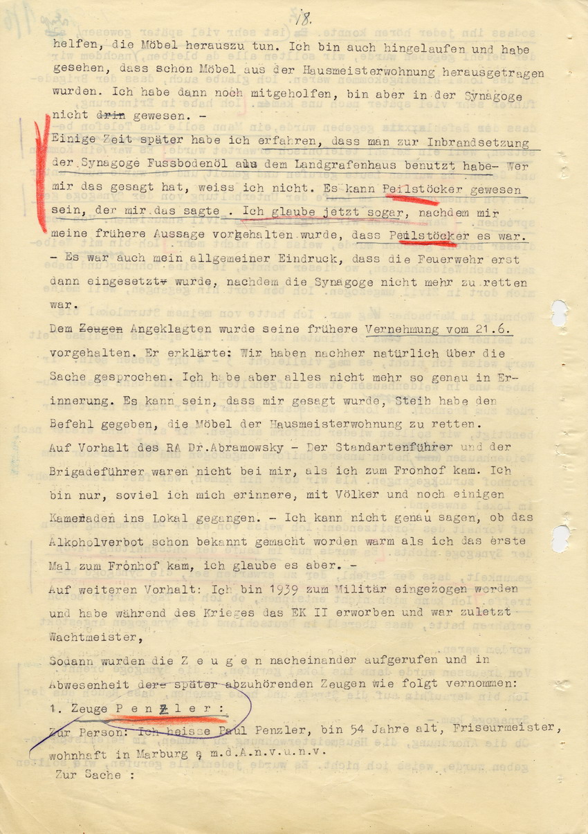 Hauptverhandlung der Strafkammer l des Landgerichts Marburg betr. die Strafsache wg. Inbrandsetzung der Synagoge in Marburg gegen Steih u.a., 1. Verhandlungstag, 14. November 1947 [Dokumentenabschnitt 4]