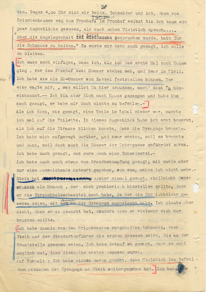 Hauptverhandlung der Strafkammer l des Landgerichts Marburg betr. die Strafsache wg. Inbrandsetzung der Synagoge in Marburg gegen Steih u.a., 1. Verhandlungstag, 14. November 1947 [Dokumentenabschnitt 4]