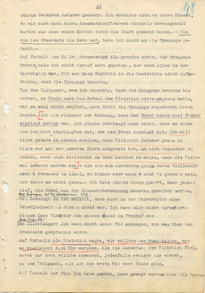 Hauptverhandlung der Strafkammer l des Landgerichts Marburg betr. die Strafsache wg. Inbrandsetzung der Synagoge in Marburg gegen Steih u.a., 1. Verhandlungstag, 14. November 1947 [Dokumentenabschnitt 4]