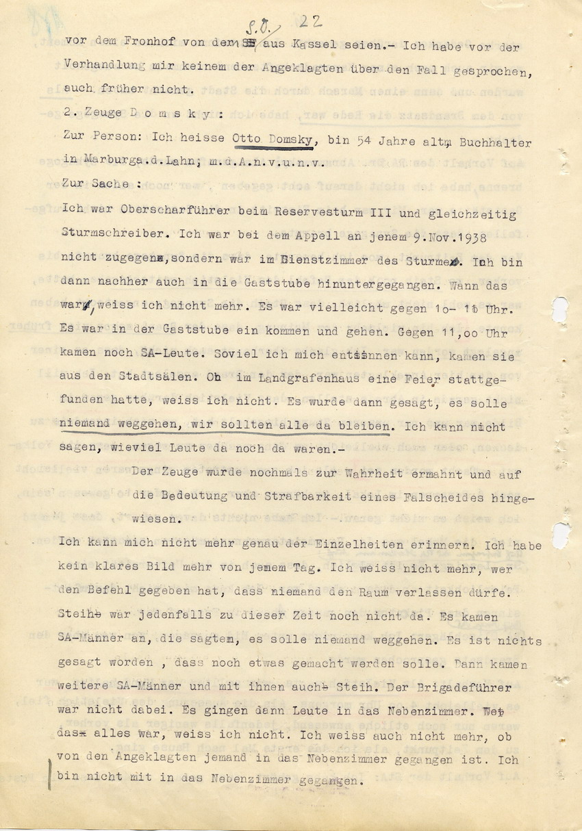 Hauptverhandlung der Strafkammer l des Landgerichts Marburg betr. die Strafsache wg. Inbrandsetzung der Synagoge in Marburg gegen Steih u.a., 1. Verhandlungstag, 14. November 1947 [Dokumentenabschnitt 4]