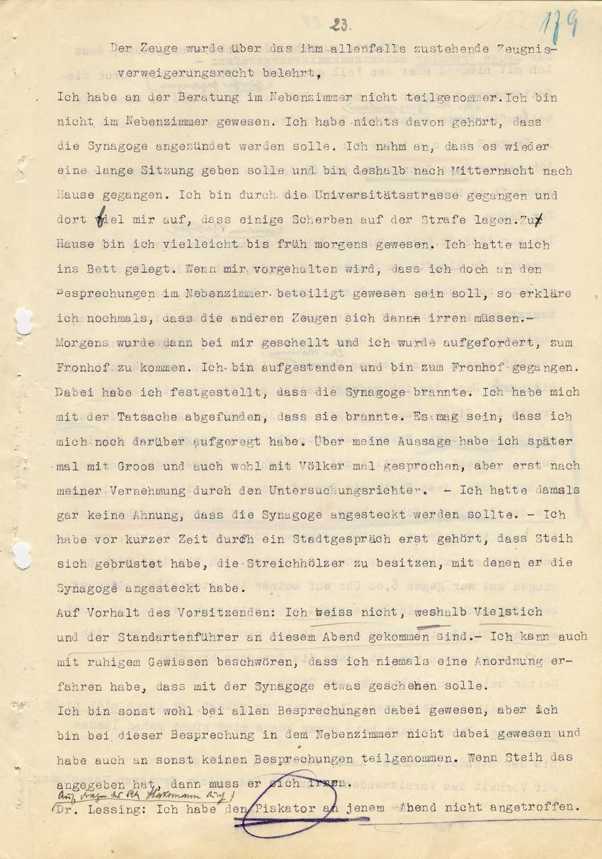 Hauptverhandlung der Strafkammer l des Landgerichts Marburg betr. die Strafsache wg. Inbrandsetzung der Synagoge in Marburg gegen Steih u.a., 1. Verhandlungstag, 14. November 1947 [Dokumentenabschnitt 4]
