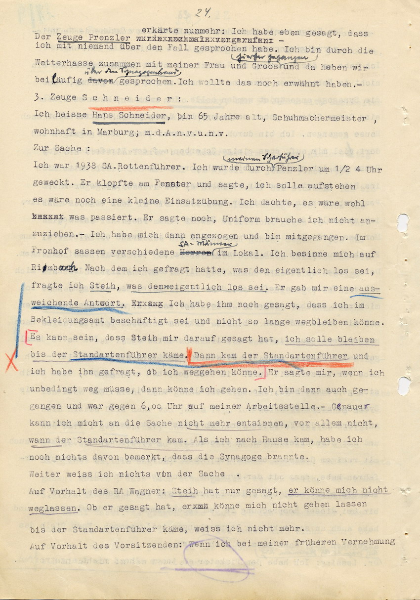 Hauptverhandlung der Strafkammer l des Landgerichts Marburg betr. die Strafsache wg. Inbrandsetzung der Synagoge in Marburg gegen Steih u.a., 1. Verhandlungstag, 14. November 1947 [Dokumentenabschnitt 4]