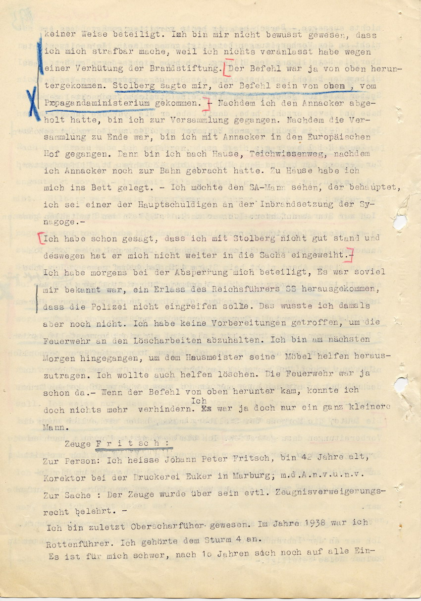 Hauptverhandlung der Strafkammer l des Landgerichts Marburg betr. die Strafsache wg. Inbrandsetzung der Synagoge in Marburg gegen Steih u.a. 2. Verhandlungstag und Urteilsverkündung, 21. November 1947 [Dokumentenabschnitt 9]
