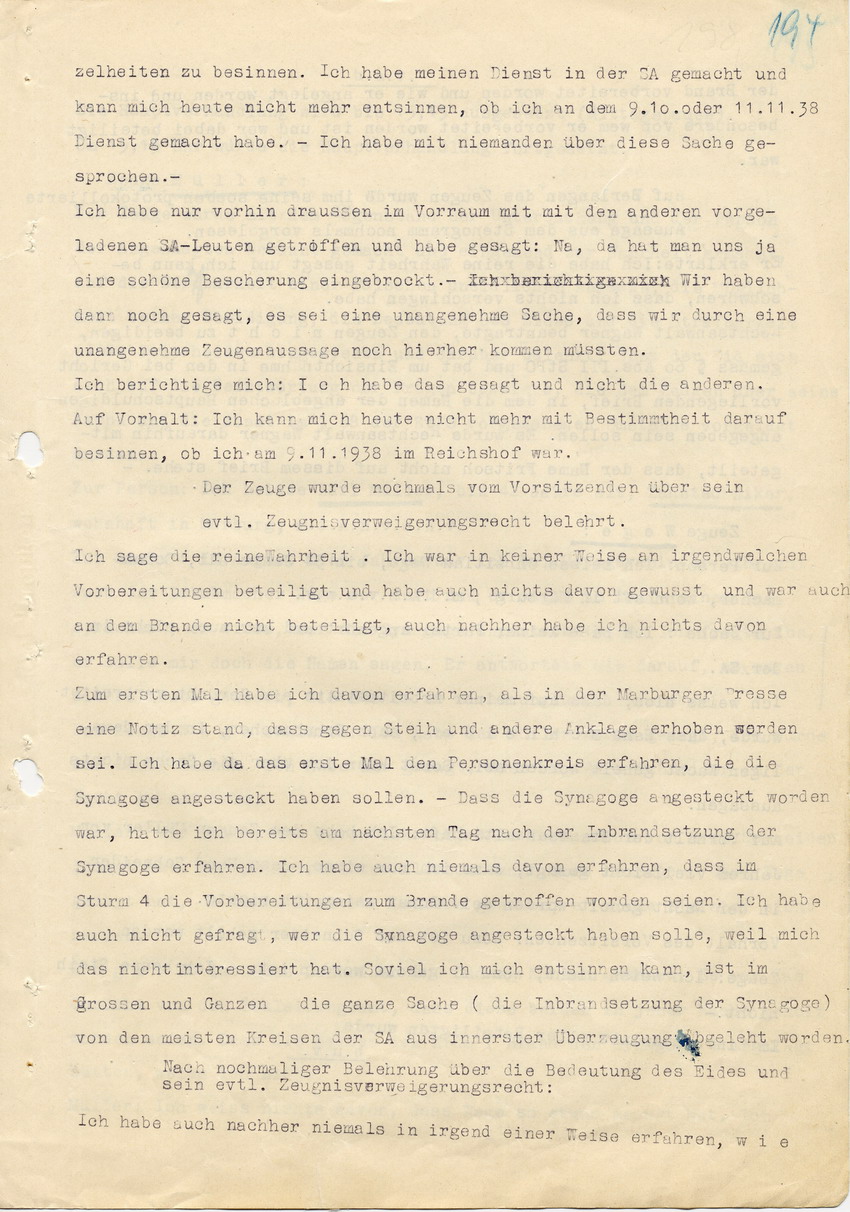 Hauptverhandlung der Strafkammer l des Landgerichts Marburg betr. die Strafsache wg. Inbrandsetzung der Synagoge in Marburg gegen Steih u.a. 2. Verhandlungstag und Urteilsverkündung, 21. November 1947 [Dokumentenabschnitt 9]