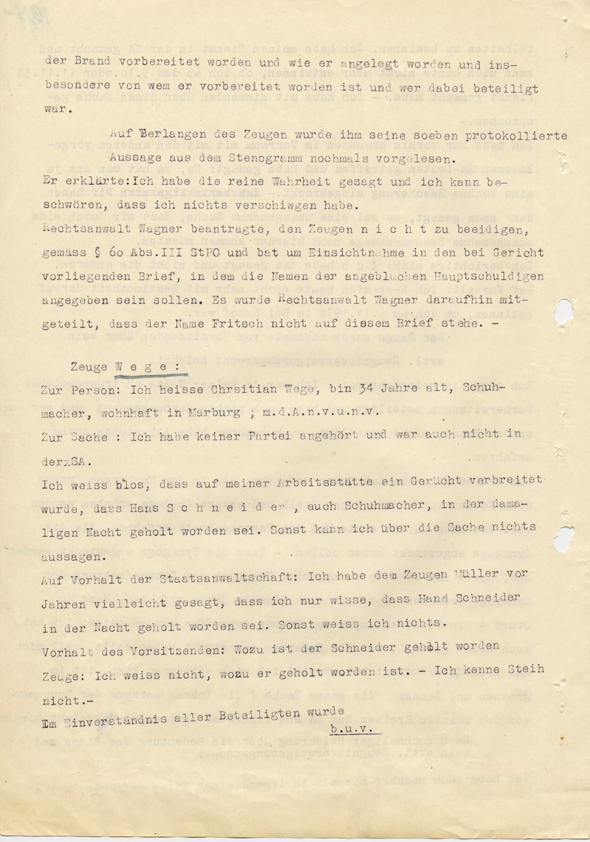 Hauptverhandlung der Strafkammer l des Landgerichts Marburg betr. die Strafsache wg. Inbrandsetzung der Synagoge in Marburg gegen Steih u.a. 2. Verhandlungstag und Urteilsverkündung, 21. November 1947 [Dokumentenabschnitt 9]
