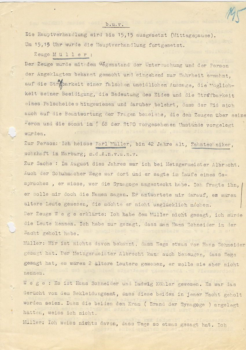 Hauptverhandlung der Strafkammer l des Landgerichts Marburg betr. die Strafsache wg. Inbrandsetzung der Synagoge in Marburg gegen Steih u.a. 2. Verhandlungstag und Urteilsverkündung, 21. November 1947 [Dokumentenabschnitt 9]