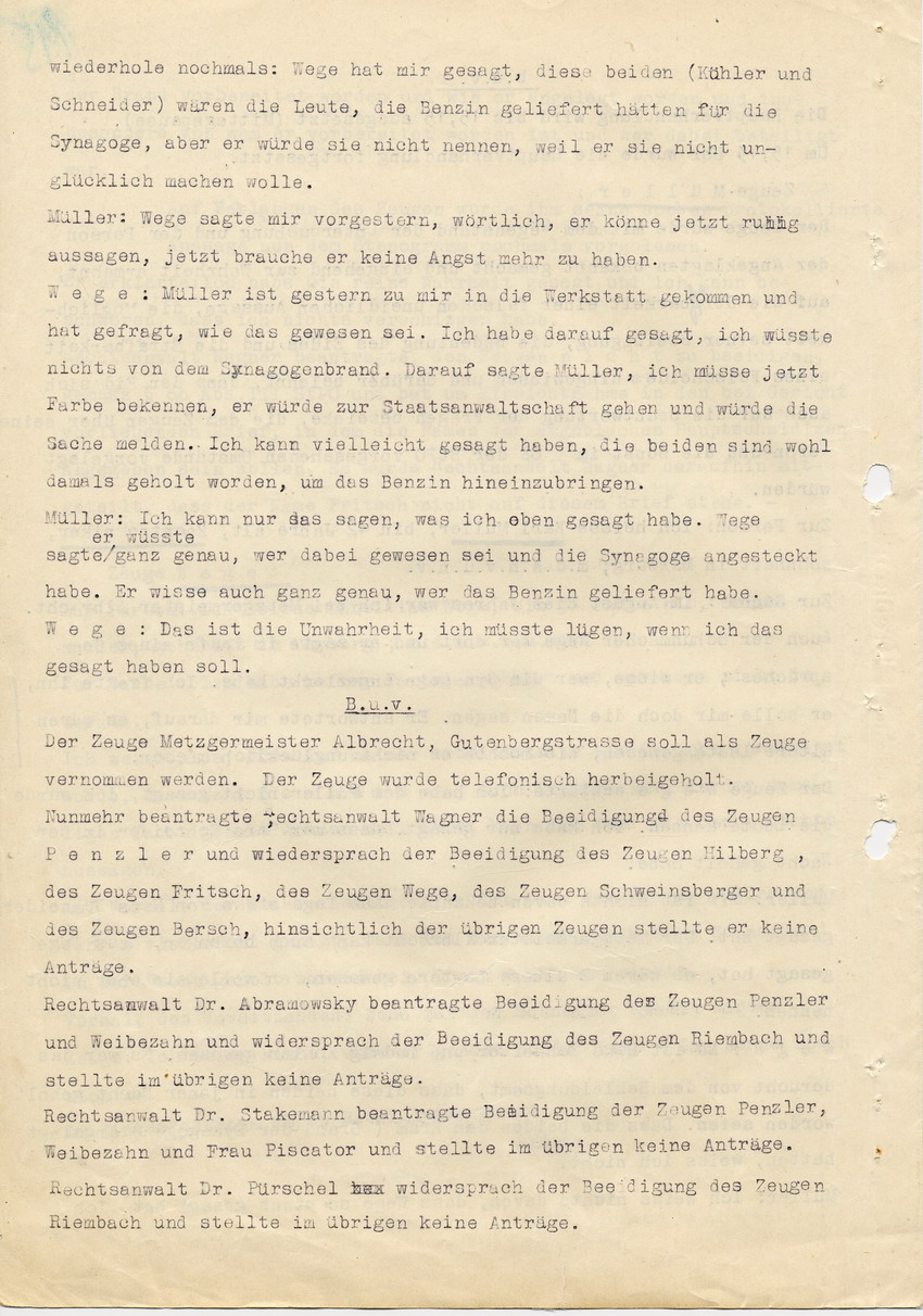 Hauptverhandlung der Strafkammer l des Landgerichts Marburg betr. die Strafsache wg. Inbrandsetzung der Synagoge in Marburg gegen Steih u.a. 2. Verhandlungstag und Urteilsverkündung, 21. November 1947 [Dokumentenabschnitt 9]