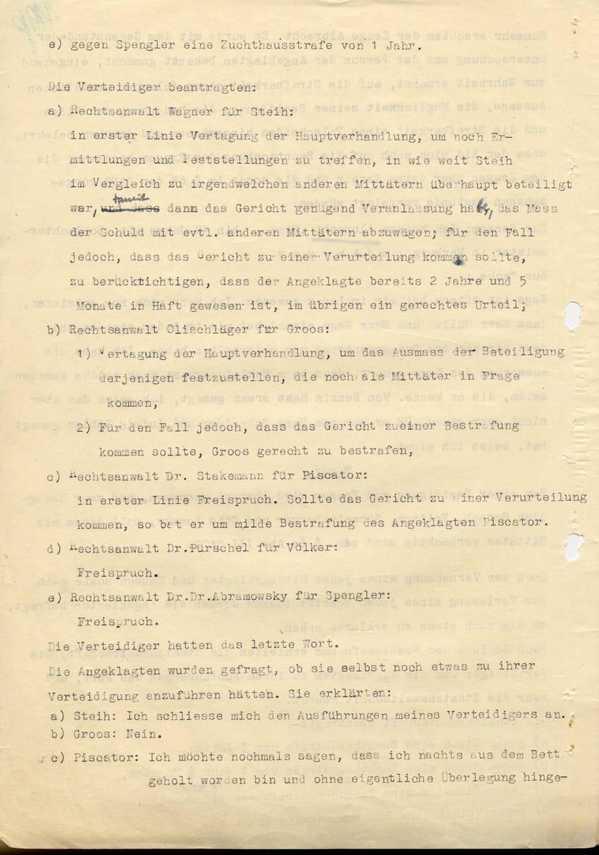 Hauptverhandlung der Strafkammer l des Landgerichts Marburg betr. die Strafsache wg. Inbrandsetzung der Synagoge in Marburg gegen Steih u.a. 2. Verhandlungstag und Urteilsverkündung, 21. November 1947 [Dokumentenabschnitt 9]