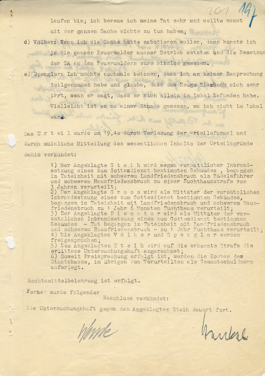 Hauptverhandlung der Strafkammer l des Landgerichts Marburg betr. die Strafsache wg. Inbrandsetzung der Synagoge in Marburg gegen Steih u.a. 2. Verhandlungstag und Urteilsverkündung, 21. November 1947 [Dokumentenabschnitt 9]
