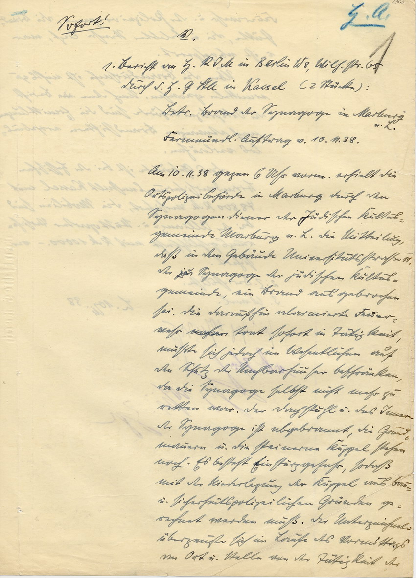 Marburger Oberstaatsanwalt Lautz an den Reichsminister der Justiz in Berlin betreffend den Brand der Marburger Synagoge. Marburg, 10. November 1938