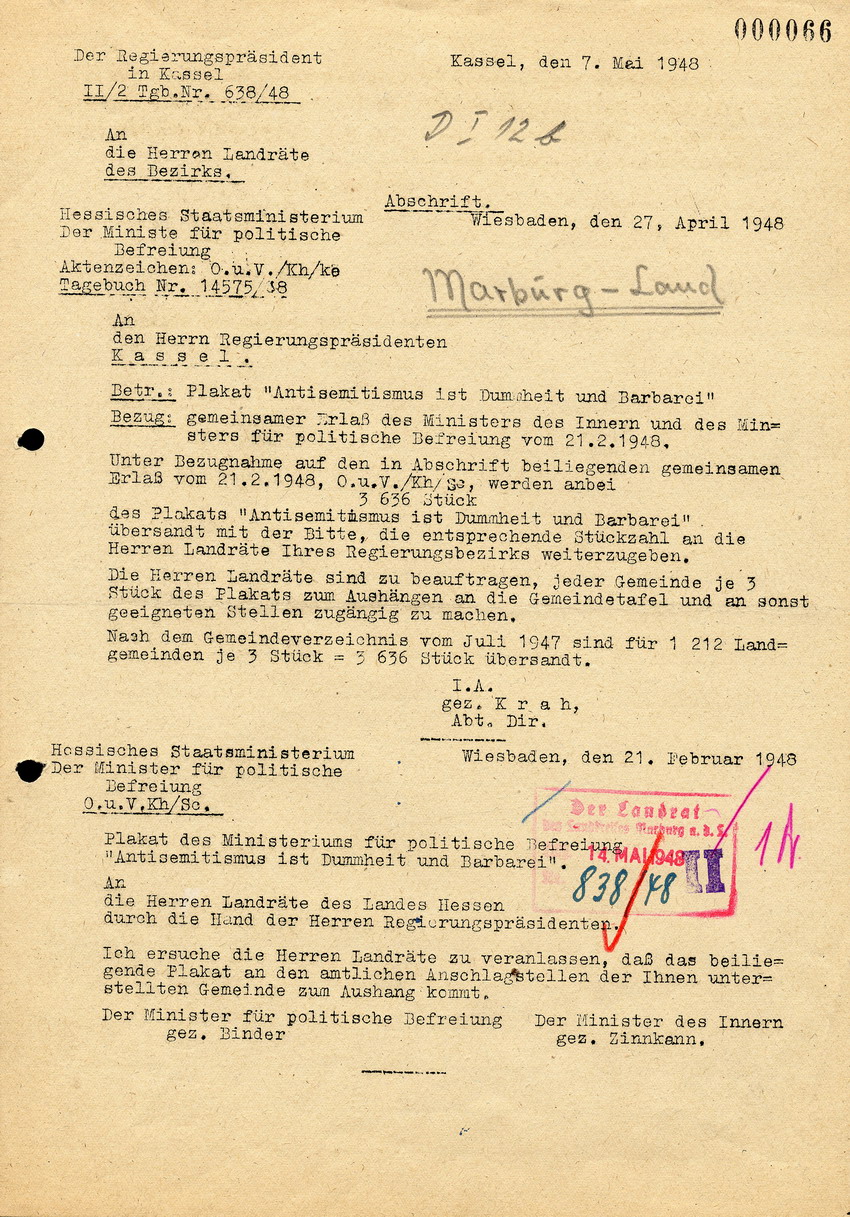 Schreiben des Ministers für politische Befreiung Binder betreffend Aushang des Plakats "Antisemitismus ist Dummheit und Barbarei", 21. Februar 1948.