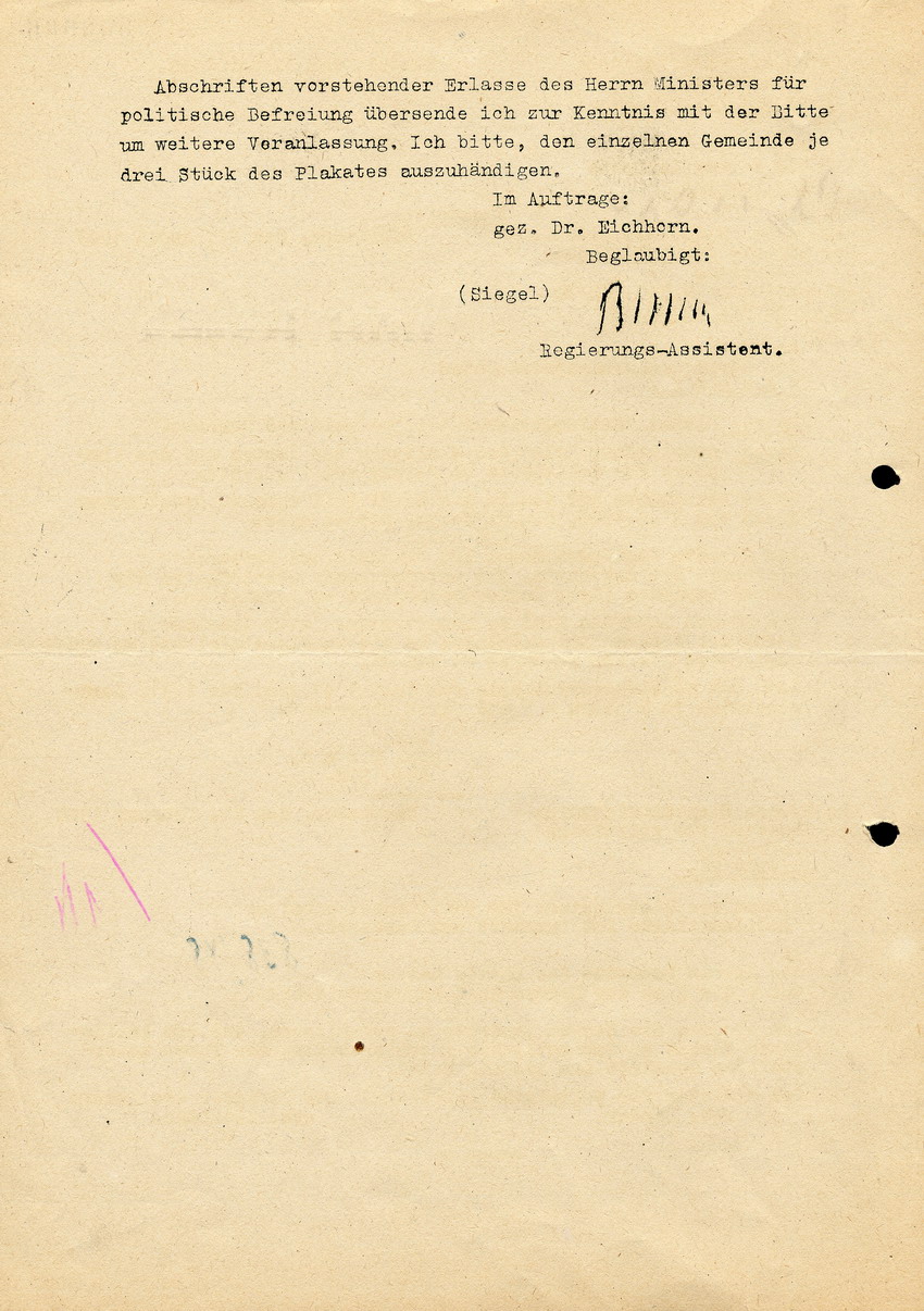 Schreiben des Ministers für politische Befreiung Binder betreffend Aushang des Plakats "Antisemitismus ist Dummheit und Barbarei", 21. Februar 1948.