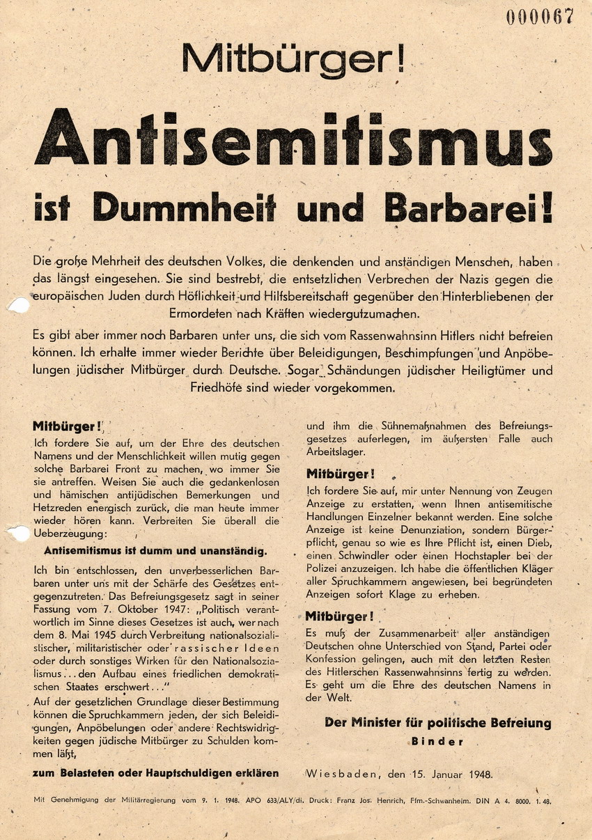 Plakat des Ministers für politische Befreiung  in Wiesbaden mit dem Titel "Antisemitismus ist Dummheit und Barbarei", 15. Januar 1948.