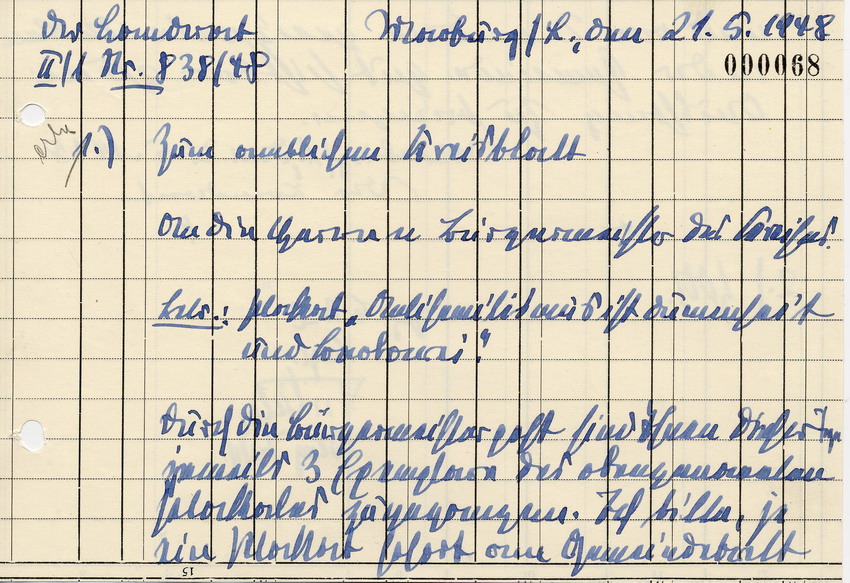 Schreiben des Landrats in Marburg Eckel an die Bürgermeister des Kreises betreffend Aushang des Plakats "Antisemitismus und Barbarei", 21. Mai 1948.