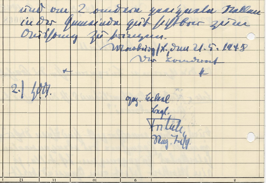 Schreiben des Landrats in Marburg Eckel an die Bürgermeister des Kreises betreffend Aushang des Plakats "Antisemitismus und Barbarei", 21. Mai 1948.