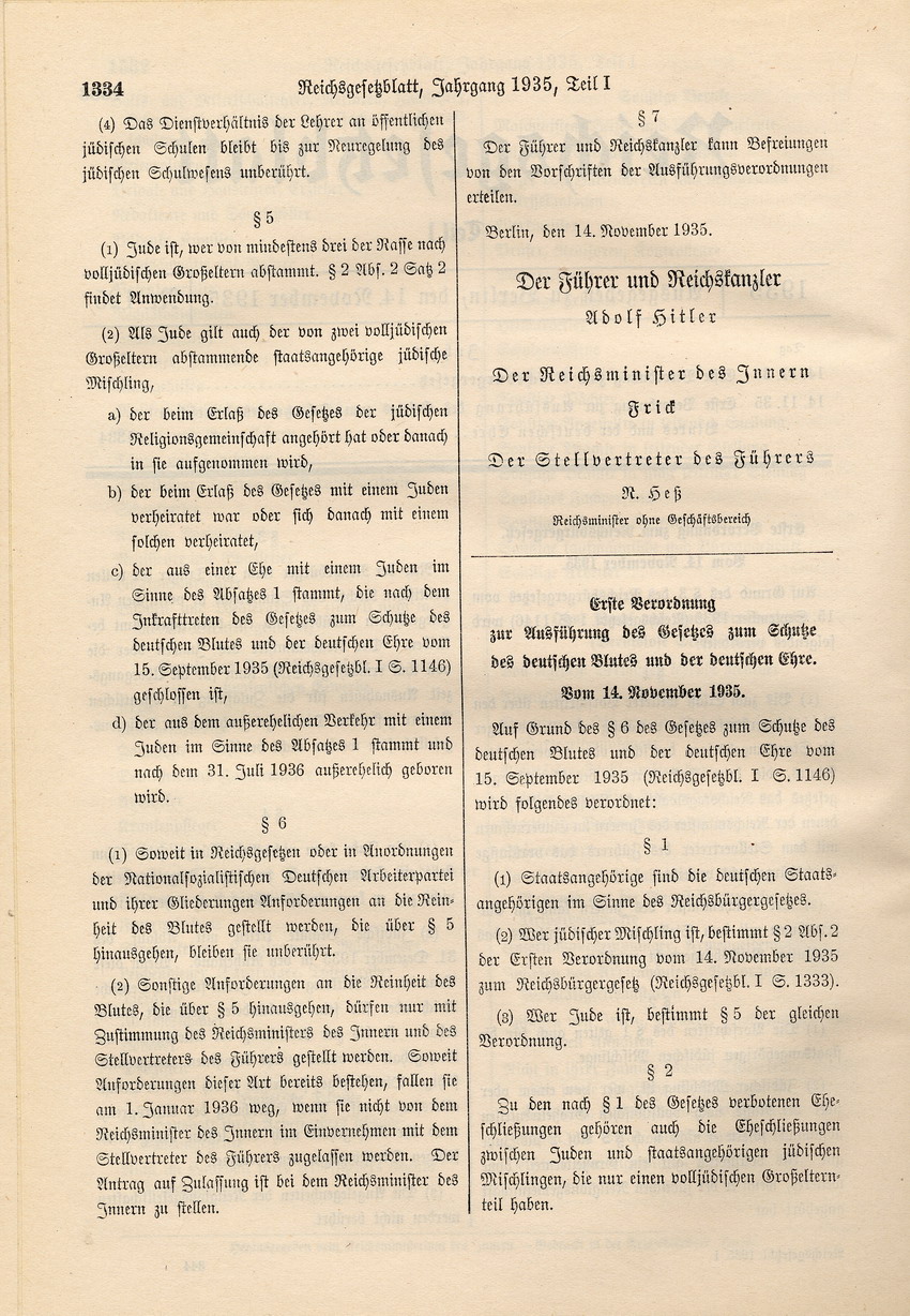 Erste Verordnung zum Reichsbürgergesetz: Aberkennung des Wahlrechts und der Zulassung zur Bekleidung öffentlicher Ämter sowie Entlassung der jüdischen Beamten, 14. November 1935.