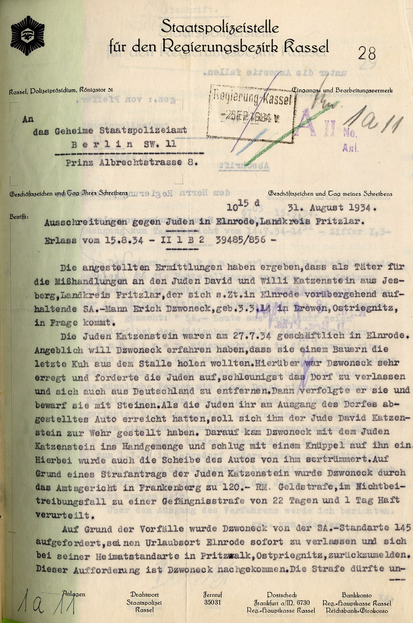 Schreiben der Staatspolizeistelle für den Regierungsbezirk Kassel an das Geheime Staatspolizeiamt in Berlin betr. Ausschreitungen gegen Juden in Elnrode, Landkreis Fritzlar, 31. August 1934.