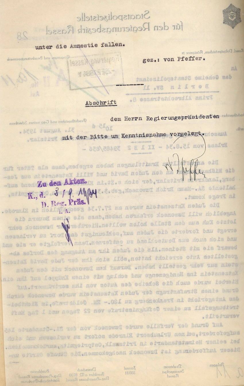 Schreiben der Staatspolizeistelle für den Regierungsbezirk Kassel an das Geheime Staatspolizeiamt in Berlin betr. Ausschreitungen gegen Juden in Elnrode, Landkreis Fritzlar, 31. August 1934.