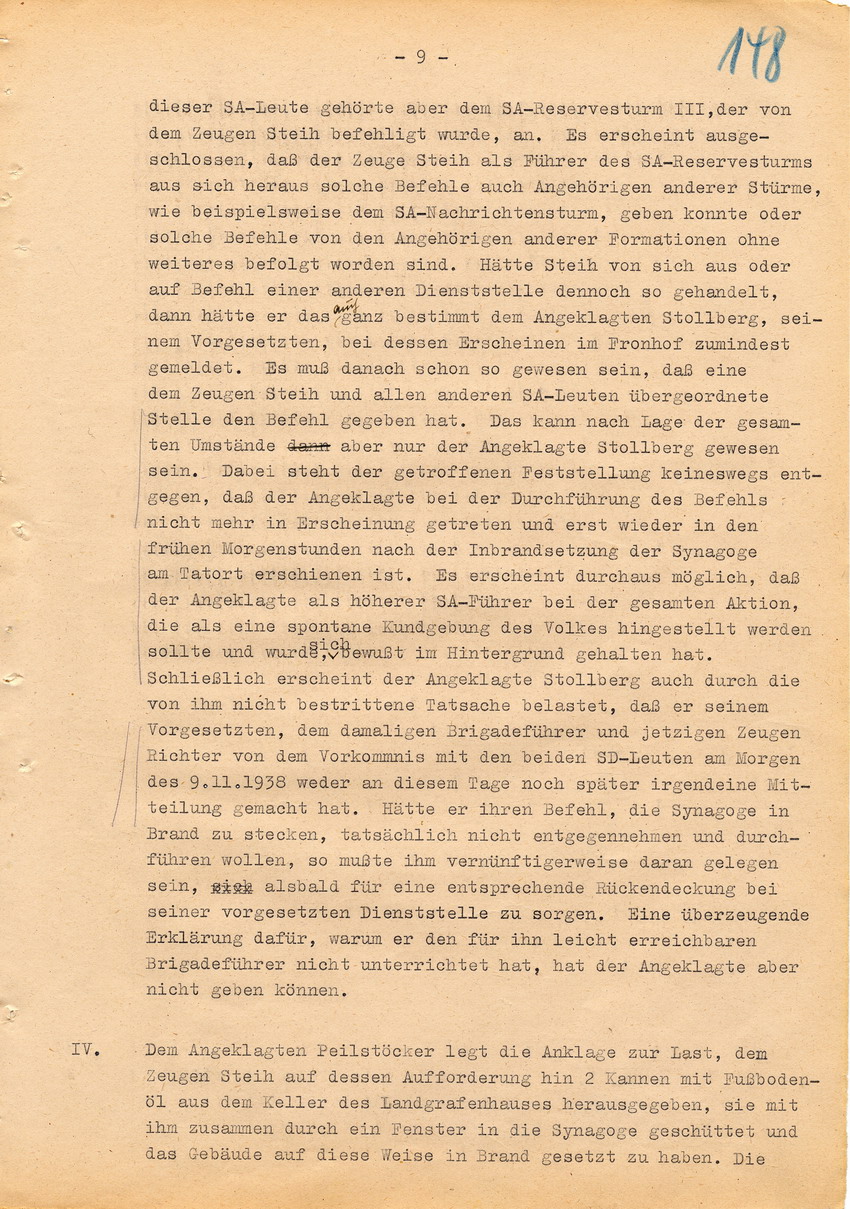 Verfahren betr. Synagogenbrandstiftung Marburg.
Urteil der Strafkammer III des LG Marburg vom 11. August 1950 gegen Stollberg und Peilstöcker  
Teil 2