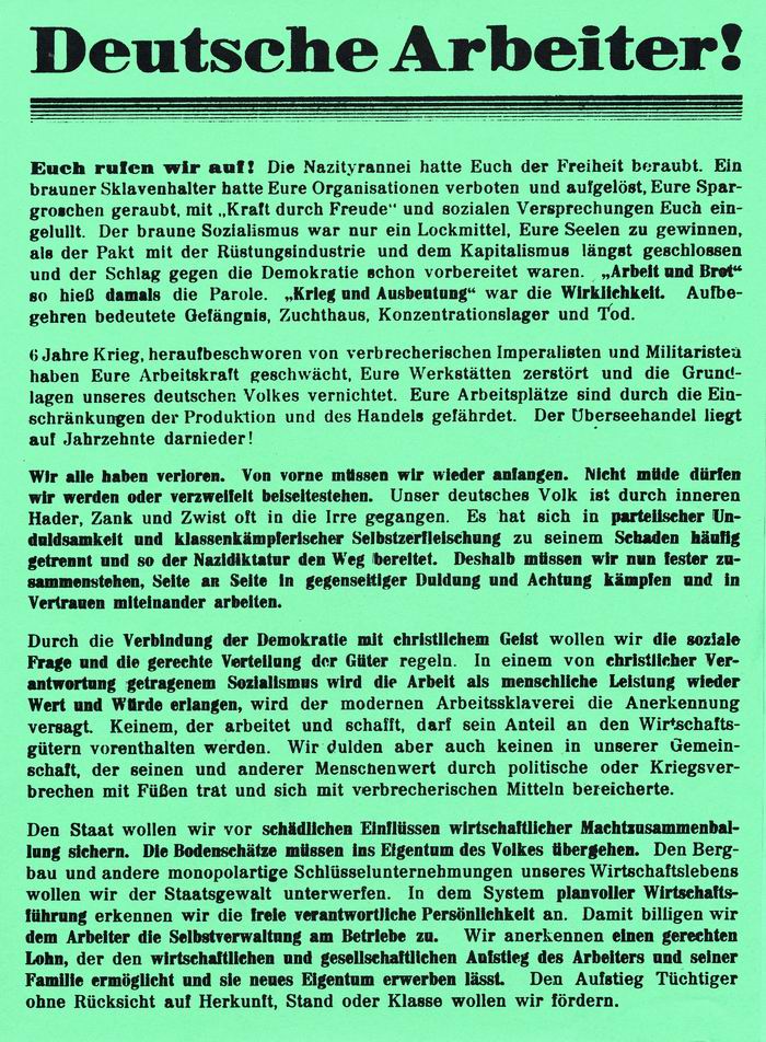 Flugblatt der CDU an den "Deutschen Arbeiter"
