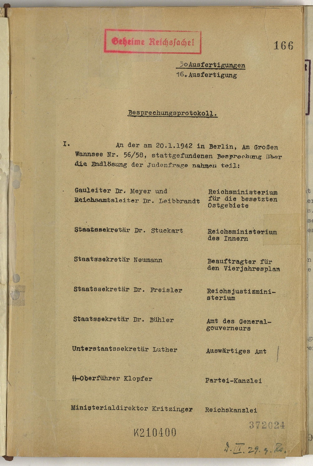 Protokoll der Wannsee-Konferenz unter Vorsitz des Chefs der Sicherheitspolizei und des SD Reinhard Heydrich, 20. Januar 1942 [Originaldokument]