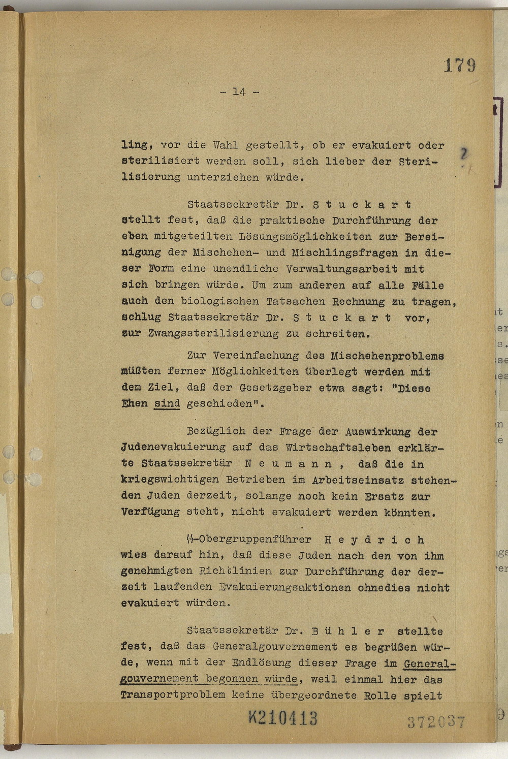 Protokoll der Wannsee-Konferenz unter Vorsitz des Chefs der Sicherheitspolizei und des SD Reinhard Heydrich, 20. Januar 1942 [Originaldokument]
