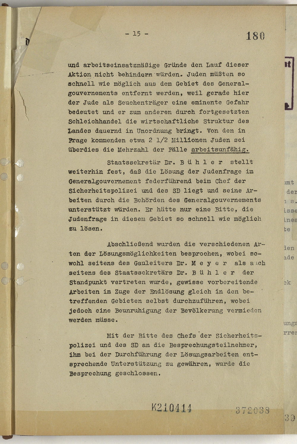 Protokoll der Wannsee-Konferenz unter Vorsitz des Chefs der Sicherheitspolizei und des SD Reinhard Heydrich, 20. Januar 1942 [Originaldokument]