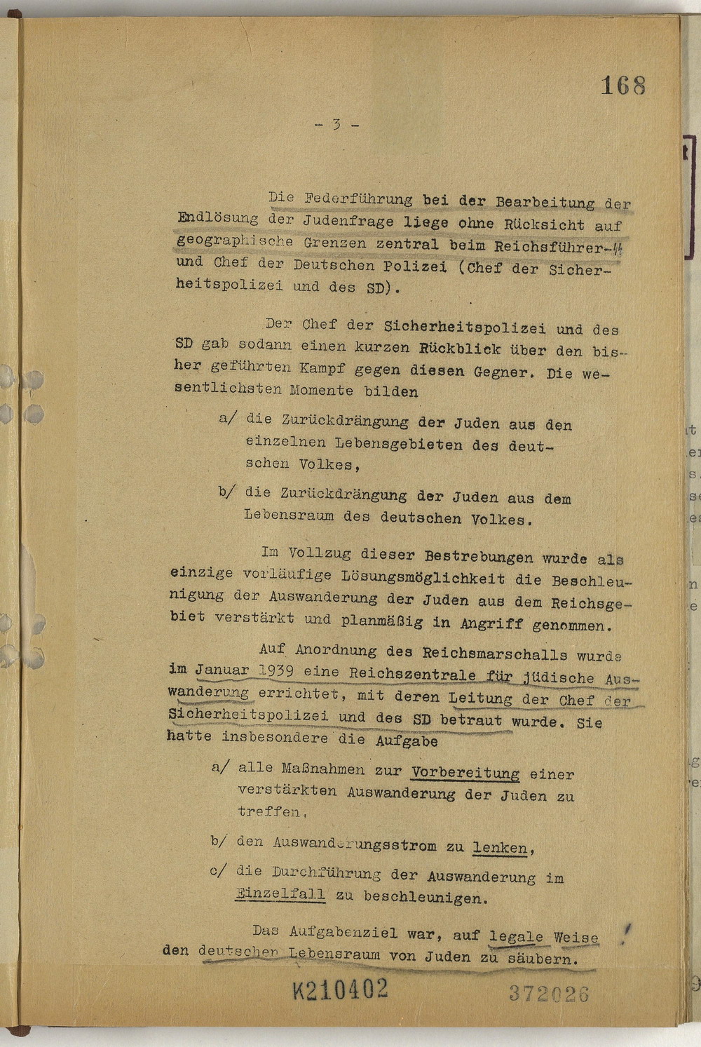 Protokoll der Wannsee-Konferenz unter Vorsitz des Chefs der Sicherheitspolizei und des SD Reinhard Heydrich, 20. Januar 1942 [Originaldokument]
