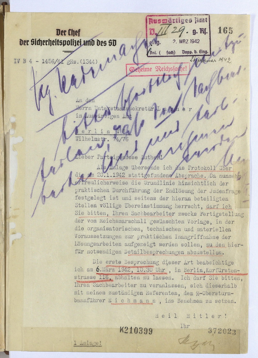 Protokoll der Wannsee-Konferenz unter Vorsitz des Chefs der Sicherheitspolizei und des SD Reinhard Heydrich, 20. Januar 1942 [Originaldokument]