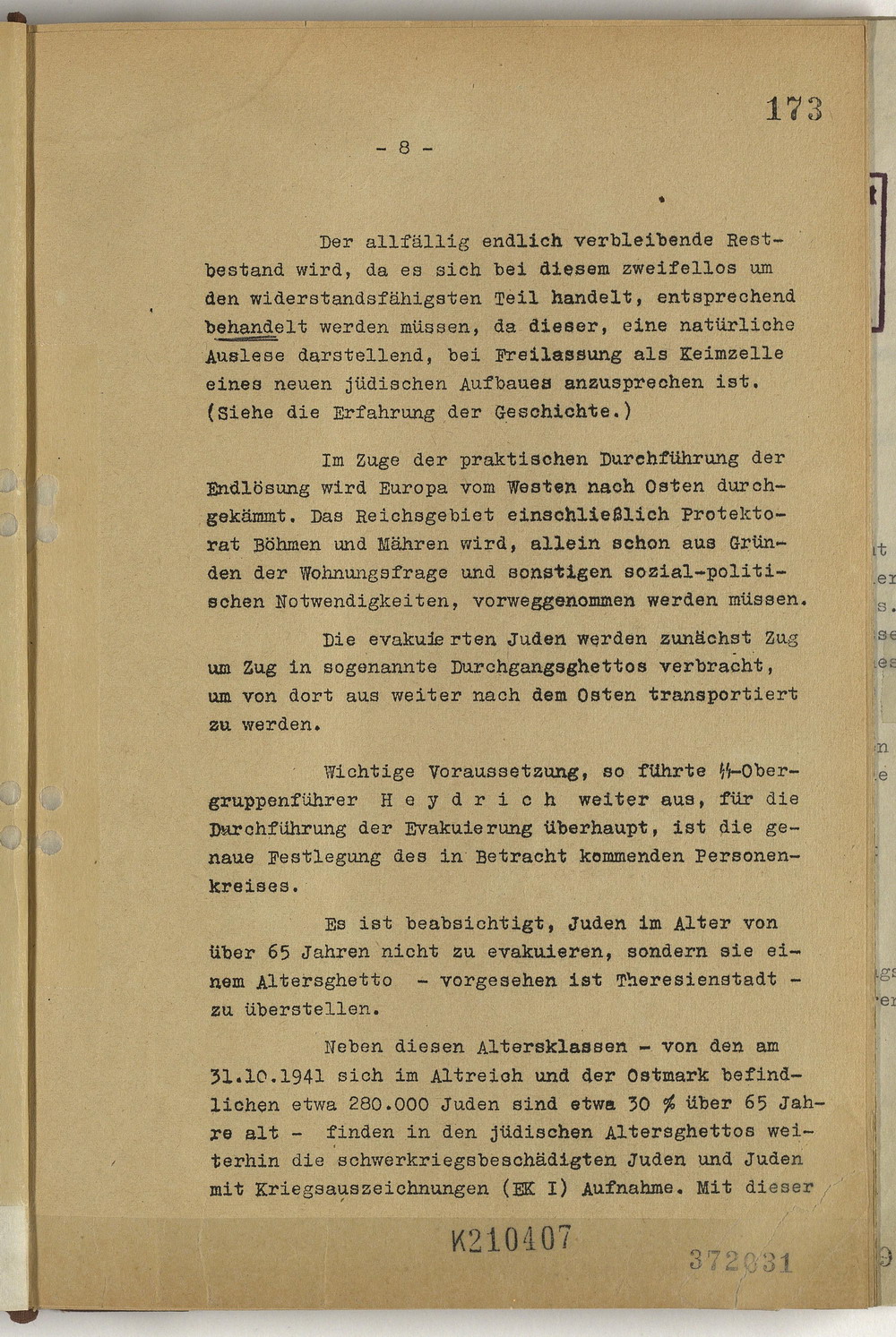 Protokoll der Wannsee-Konferenz unter Vorsitz des Chefs der Sicherheitspolizei und des SD Reinhard Heydrich, 20. Januar 1942 [Originaldokument]