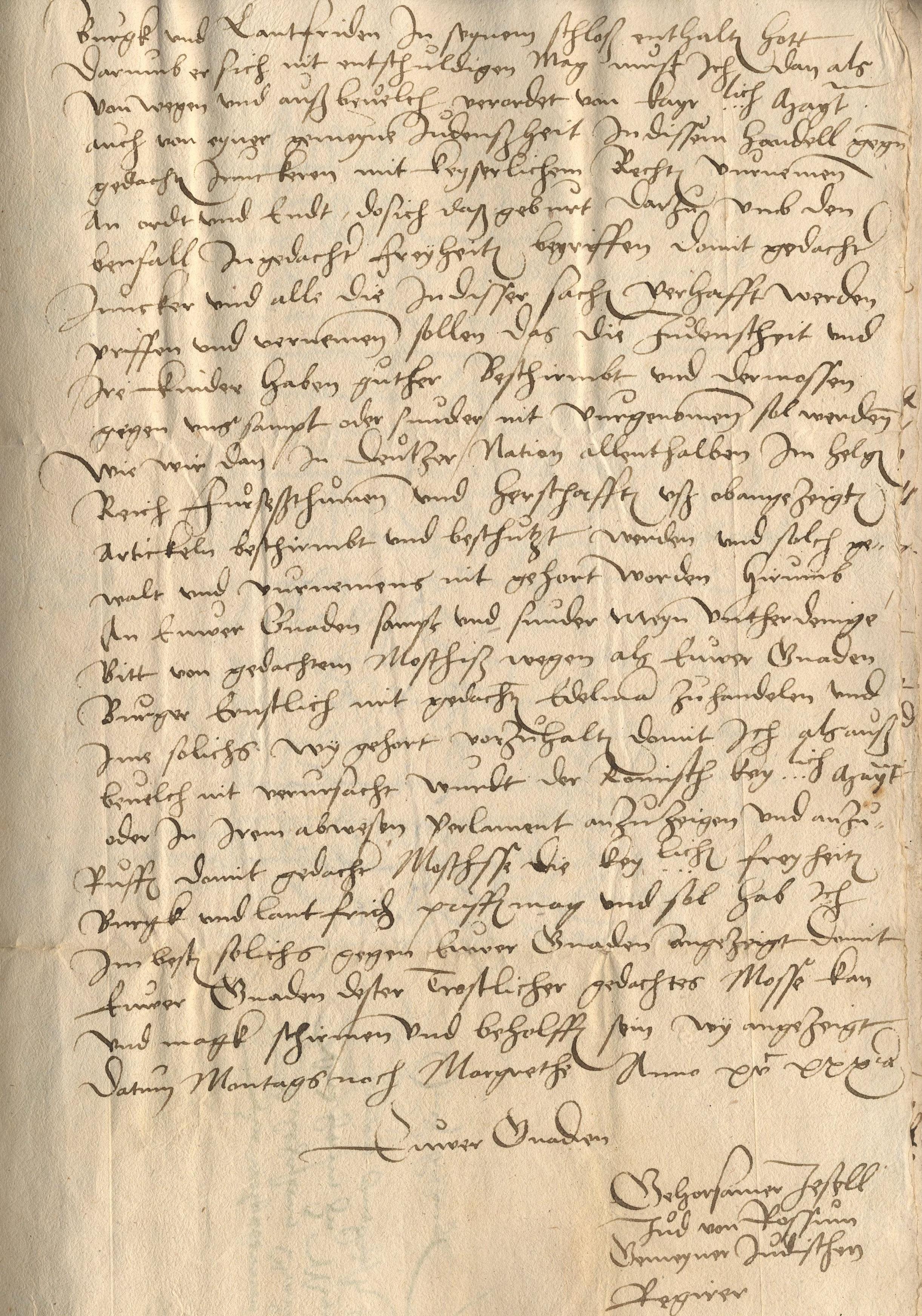 Der Befehlshaber der Judenschaft, Joseph von Rossum [Josel von Rosheim], an Graf Balthasar von Hanau mit der Aufforderung, ein von Junker Wilhelm Weyß entführtes und seiner Familie entfremdetes jüdisches Mädchen zurückzugeben, 18. Juni 1530