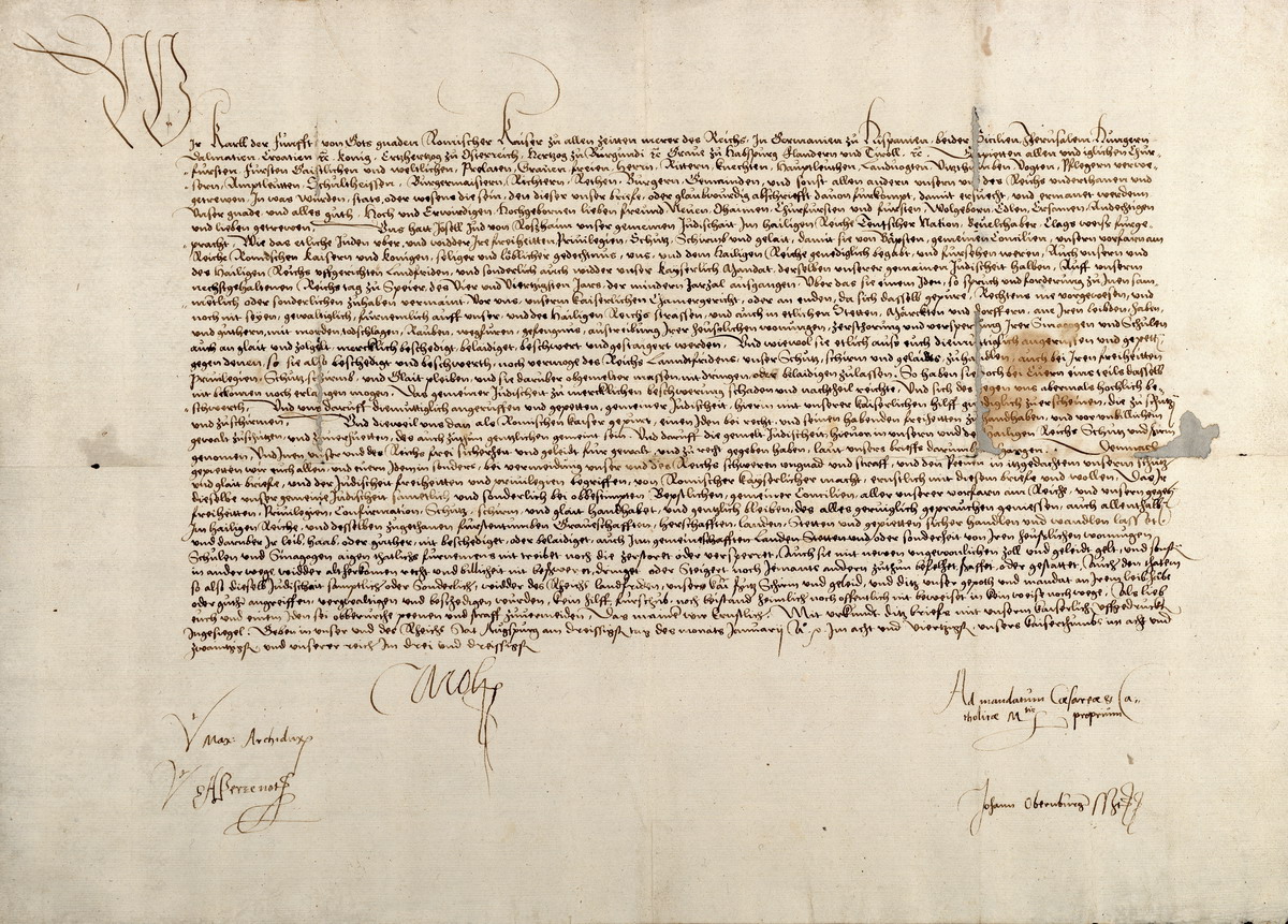Augsburger Judenprivileg Karl V., auf Klagen des Joseph von Rossum [Josel von Rosheim] unter Bestätigung des Judenprivilegs von Speyer 1544, gegeben am 30. Januar 1548