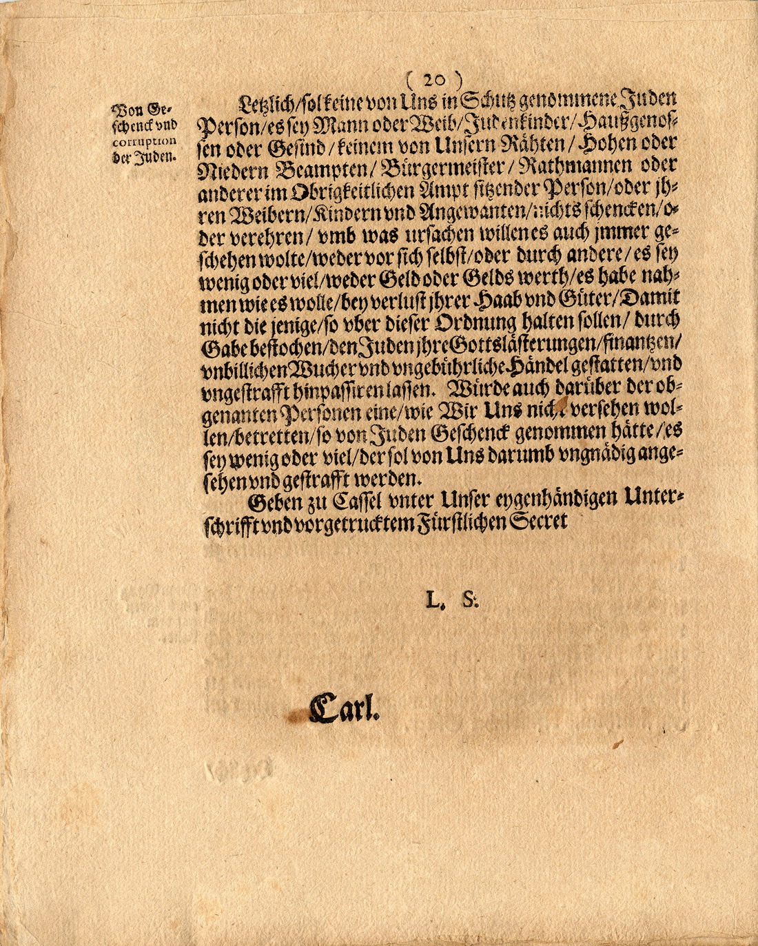 Judenordnung von 1679 erlassen durch Landgraf Karl zu Hessen-Kassel