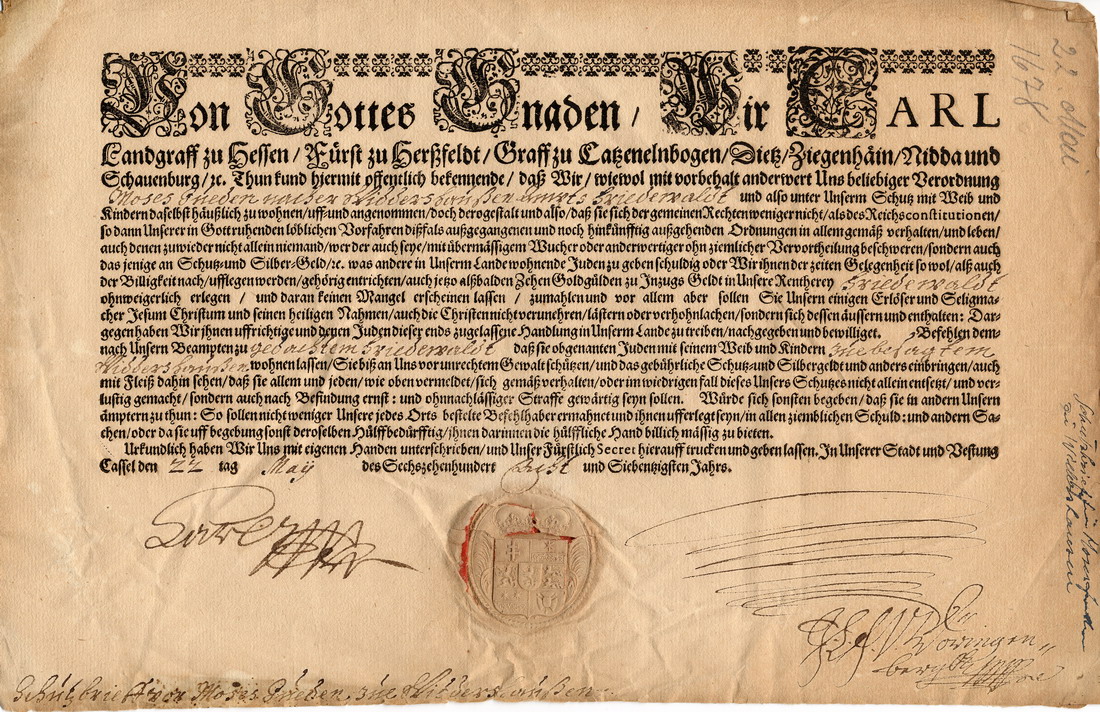 Schutzbrief für Moses Grieden zu Widdershausen [Widdershaußen] Amt Friedewaldt, ausgestellt durch Landgraf Karl zu Hessen  am 11. Mai 1678