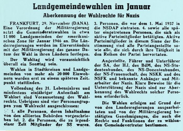 Zeitungsmeldung über die Ankündigung von "Landgemeindewahlen im Januar" im Darmstädter Echo